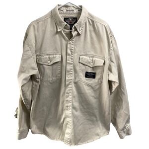 Vintage Harley Davidson Men's Off-White Button Up Biker Shirt  Back Patch Sz. L